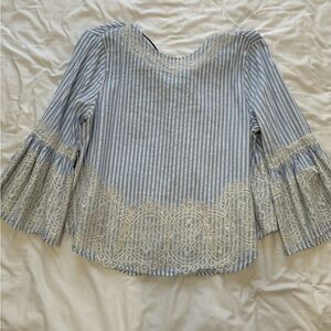 Lace Blue striped Zara blouse with bell sleeves and ribbon back